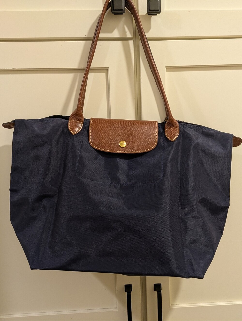 Longchamp Navy Tote with Brown Leather Trim